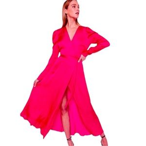 NEW BARDOT Alivia Long Sleeve Satin Faux Wrap Midi fuchsia Dress